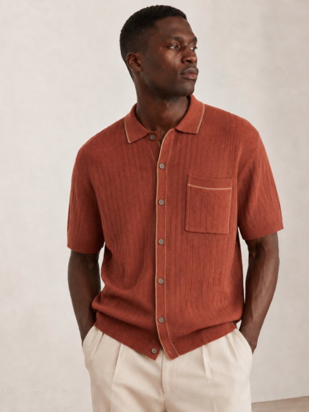 Mutual Weave Rust Ribbed Knit Button Down Camp Shirt XL